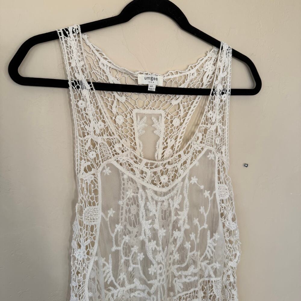 Umgee Lace Crochet Open Back Tank Top M/L Boho Tiered Sheer Cream Romantic - Picture 5 of 10